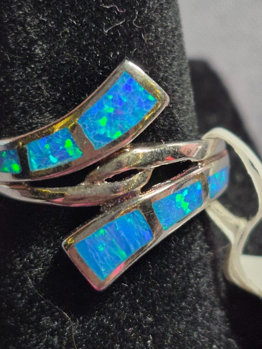 Brand New Sterling Silver Size 8 Lab Opal Inlay Bypass Ring
